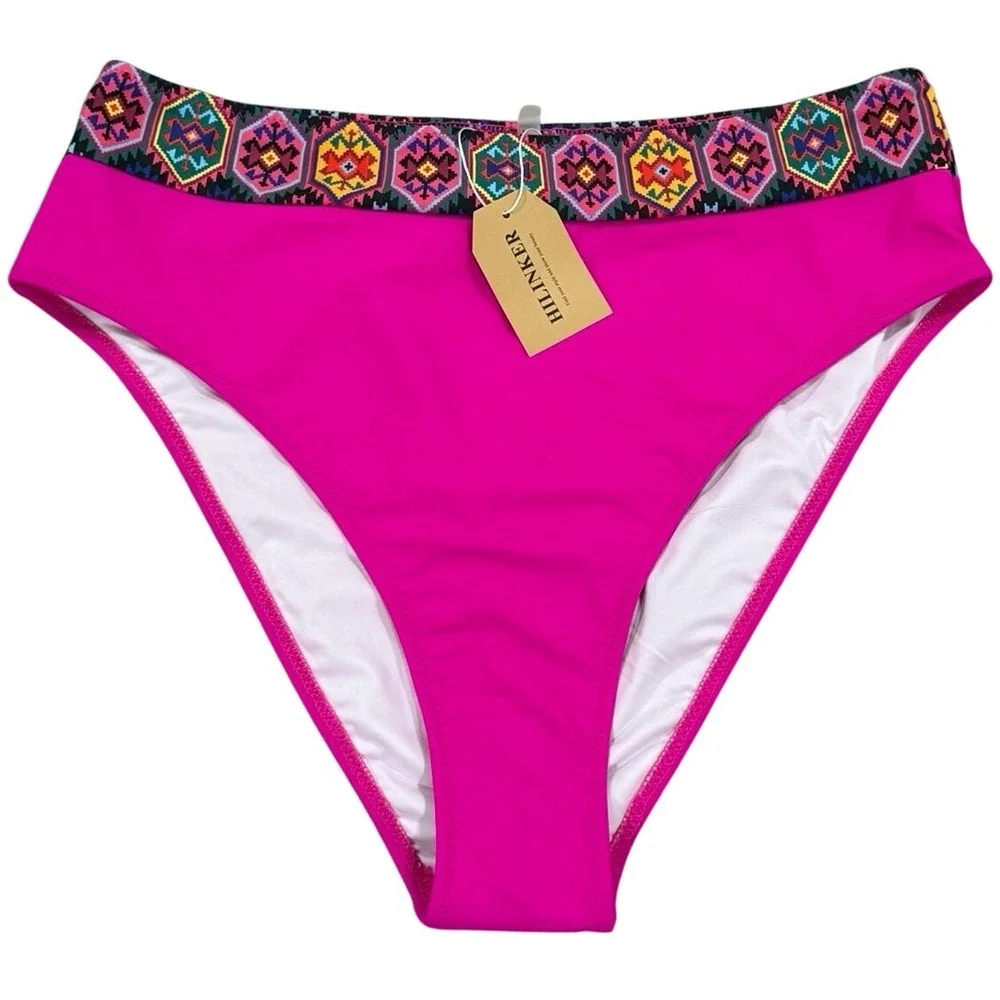 Hilinker One Shoulder Bikini Set Pink Tribal Trim High Waisted Large‎